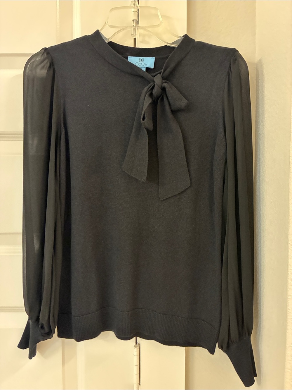 Cece Black Tie-Neck Long Sheer Sleeve Sweater